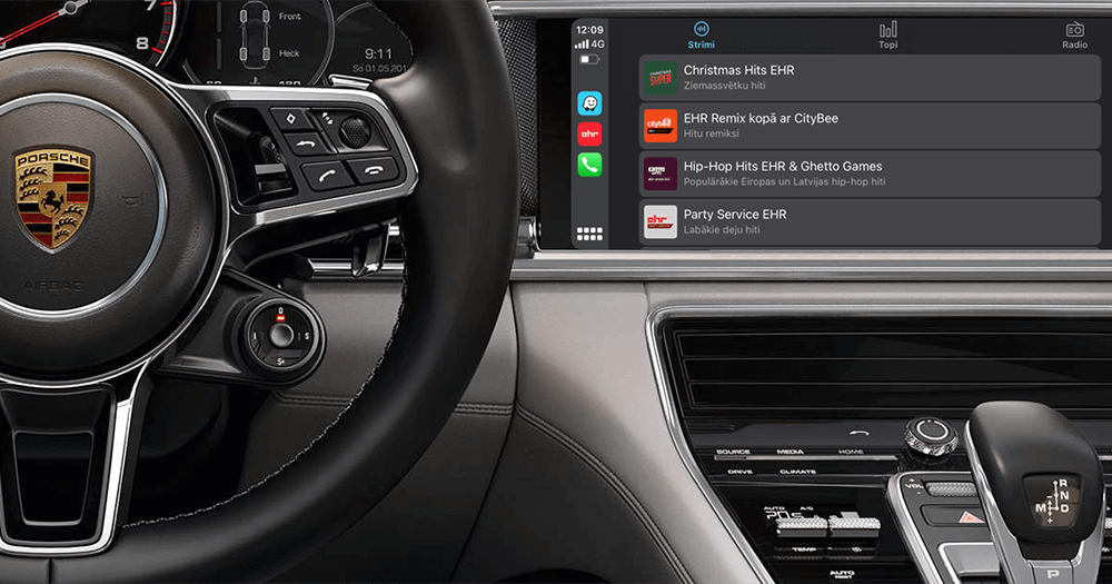 EHR APP aplikācijas CarPlay funkcijas bilde mašīnas ekrānā. 